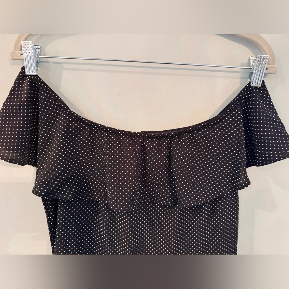 EUC LBD Black Off the Shoulder Dress with White Polka Dots - Picture 2 of 6